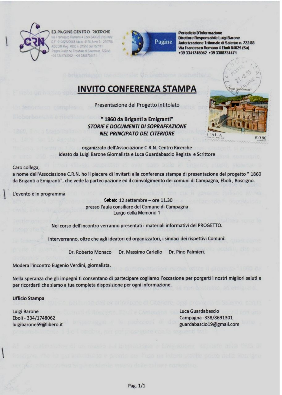 Invito Conferenza Stampa - Relazione Progetto 1860 da Briganti a Emigranti#001